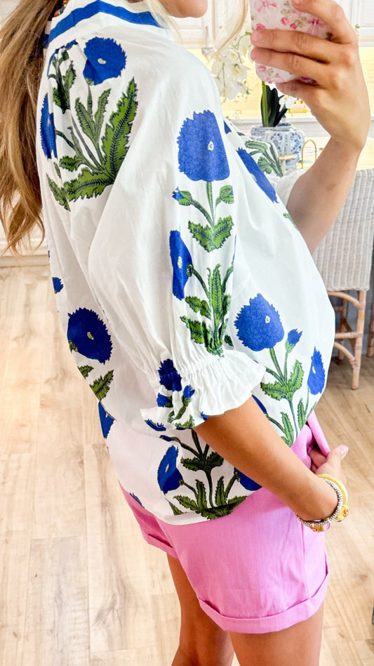 Off White and Blue Mix Floral Contrast Binding Top