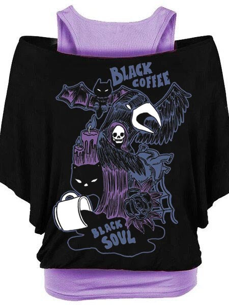 Ladies famous band print bat sleeve T-shirt