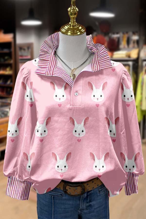 Easter Bunny Print Stried Long Sleeve Top