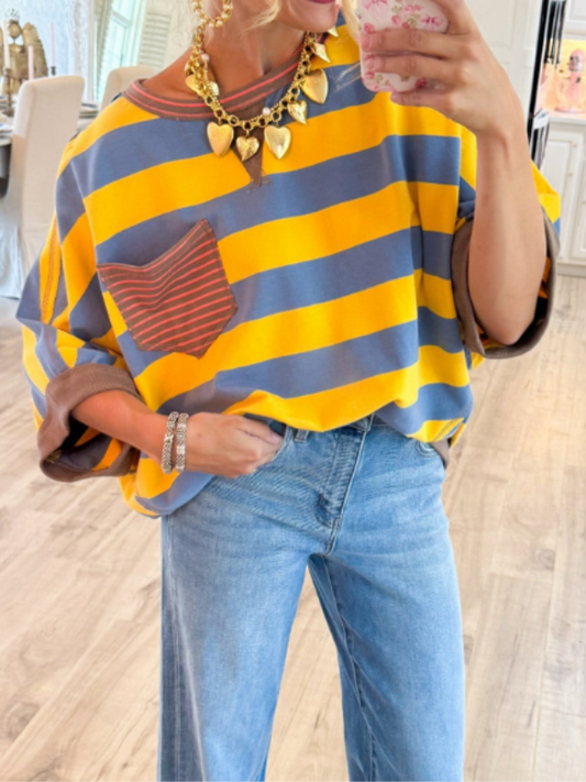 Mustard and Blue Stripe Colorblock Top
