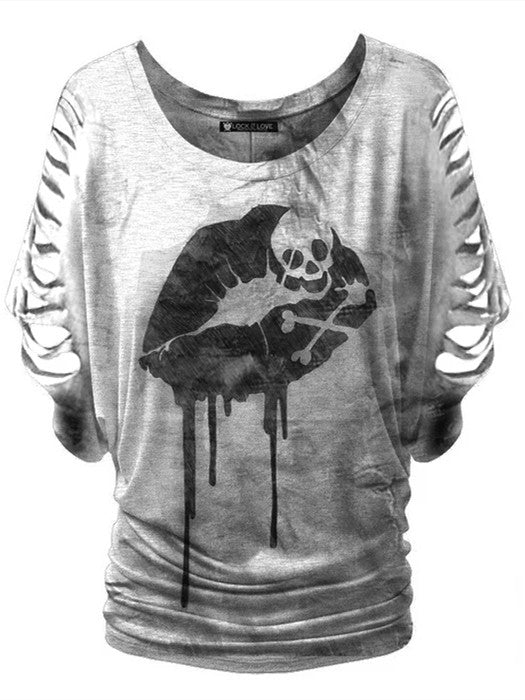 Skull print ladies casual bat sleeve short sleeve