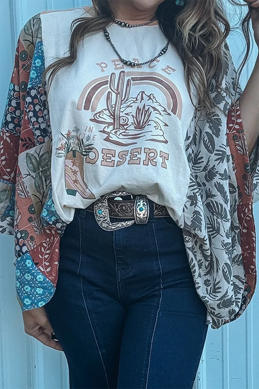 PEACE DESERT GRAPHIC ASYMMETRIC PRINTED PATCHWORK SLEEVE TOP