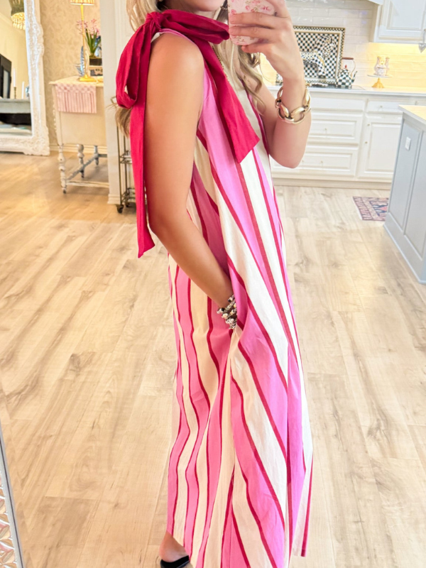 Cream and Pink Stripe Shoulder Tie Maxi Dress