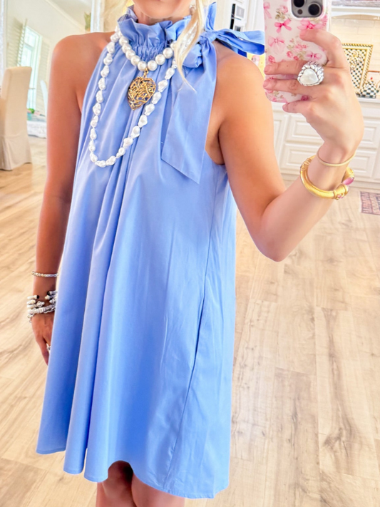 Sky Blue Ruffle Neck Bow Dress