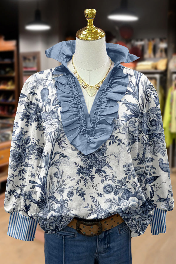 Vintage Toile Print Ruffle Neck Top