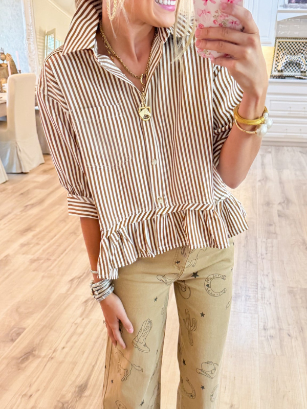 Brown Stripe Ruffle Hem Top