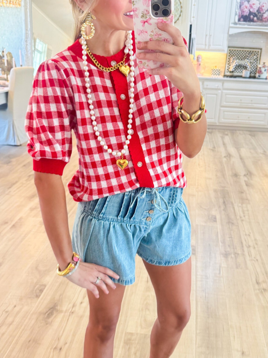 Red and White Gingham Cardigan