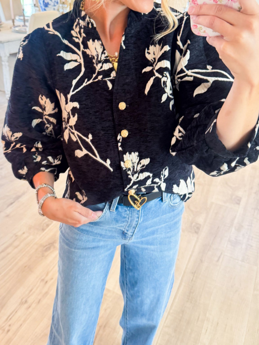 Black Button Down Floral Top
