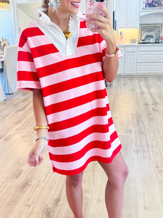 Pink and Red Stripe Collared Dress