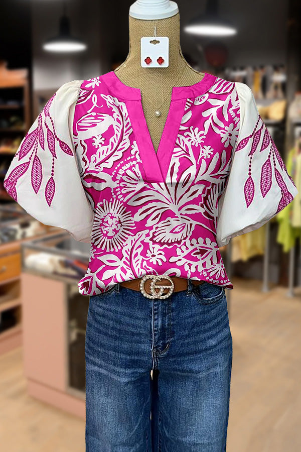 Chic Botanical Print Puff Sleeve Top