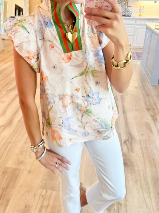 Blush Contrast Floral Puff Sleeve Top