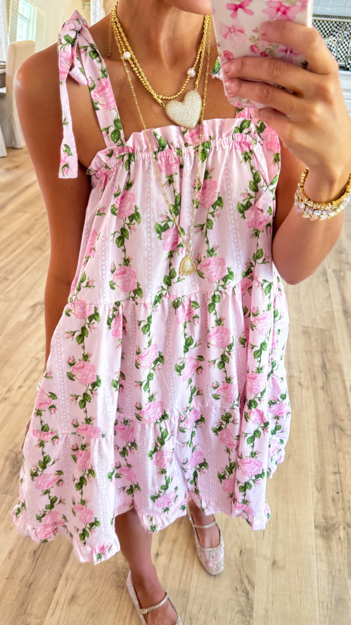 Pink Vintage Rose Shoulder Tie Mini Dress