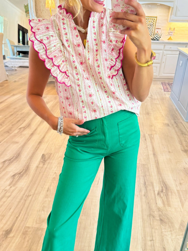 Ivory and Pink Floral Printed Ruffle Sleeve Top