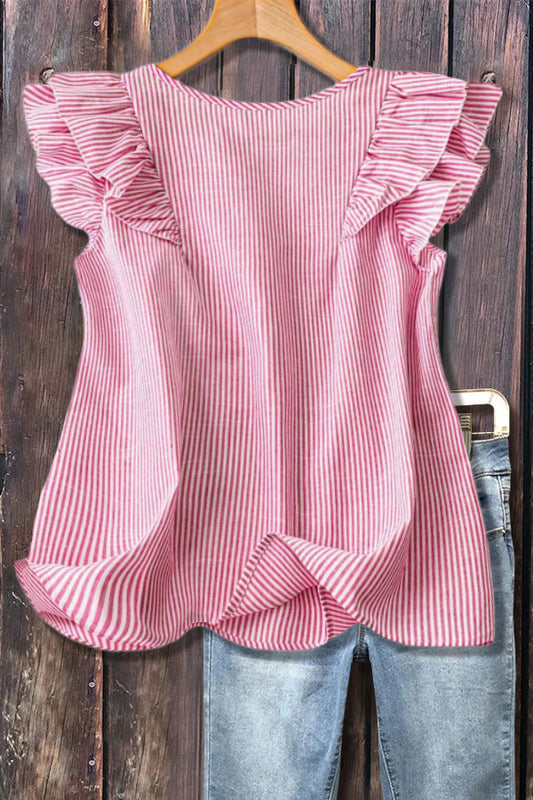 Striped V-Neck Ruffle Sleeve Top