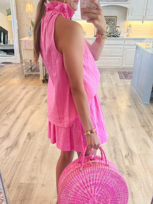 Pink Ruffle Neck Tie acquard Stripe Top