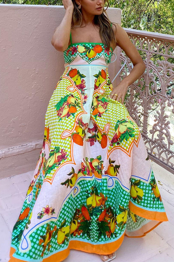 Cotton and Linen Strap Fruit Print Sleeveless Swing Dress