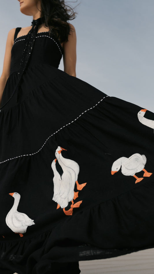 Black Goose Print Maxi Dress