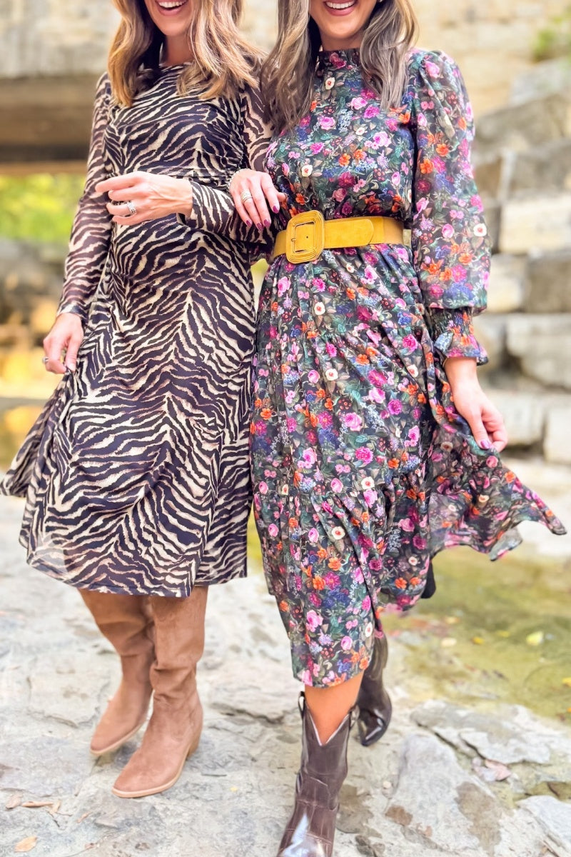 Danielle Printed Sheer Sleeve Dress In Floral