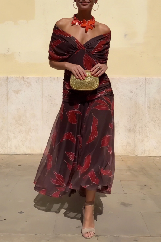 Elegant Off-Shoulder Ruched Leaf Print Maxi Dress