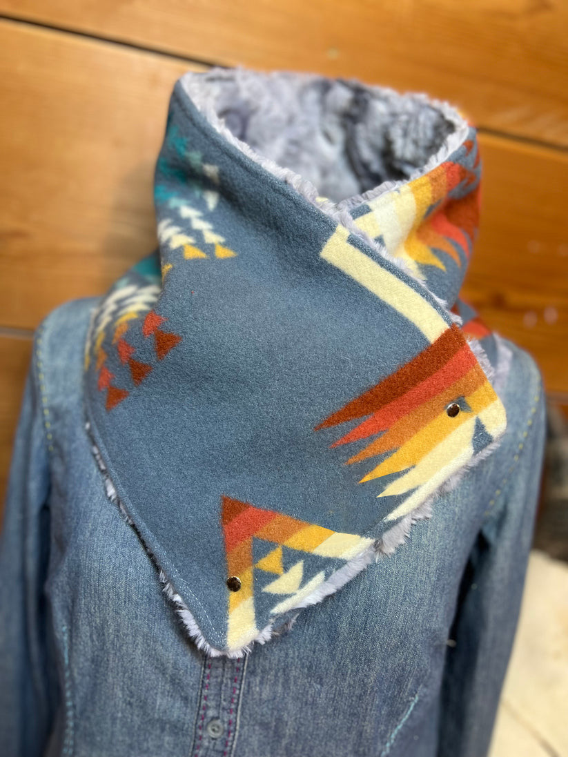Western Blue Gray Aztec Sherpa Warm Neck Hood