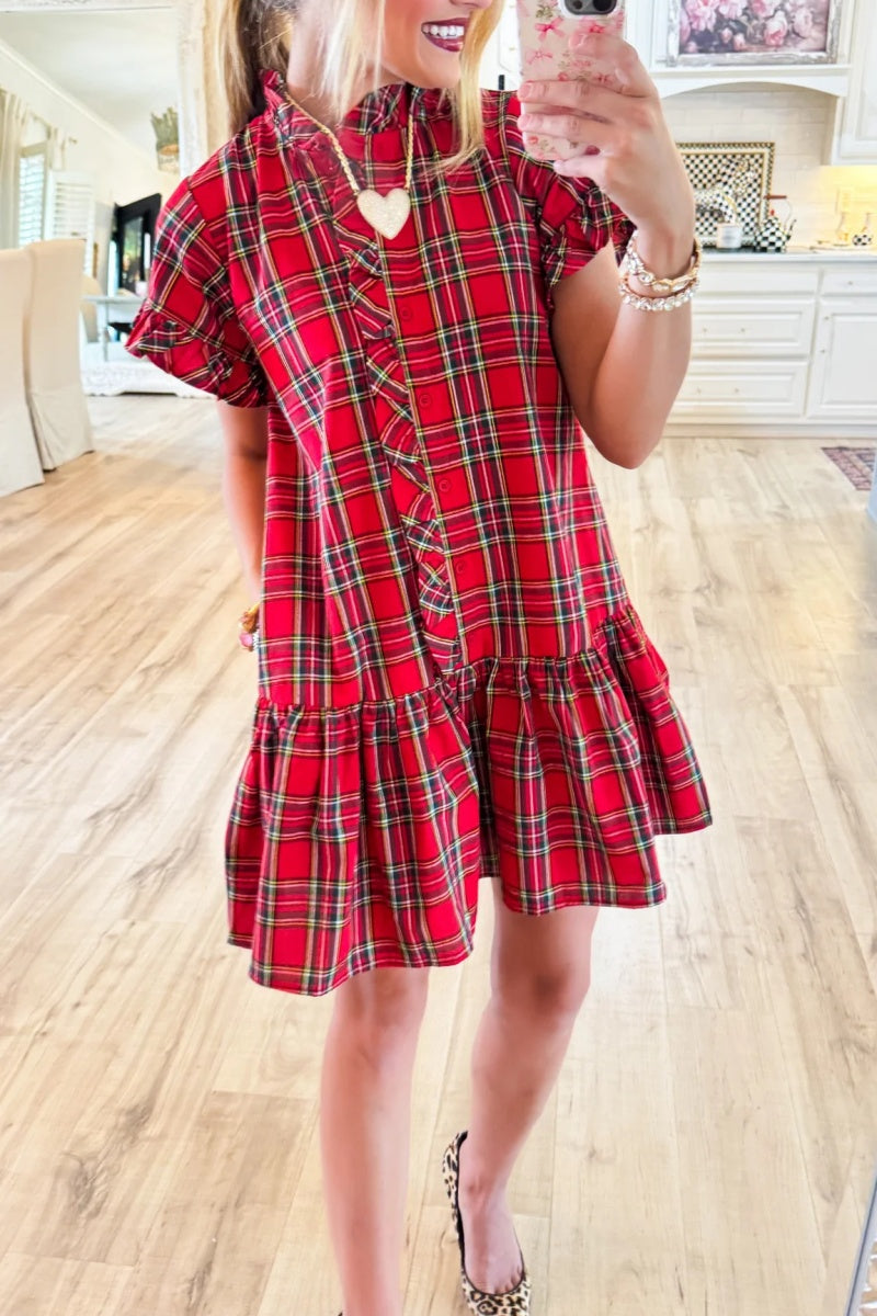 Red Plaid Frilled Neck Mini Dress
