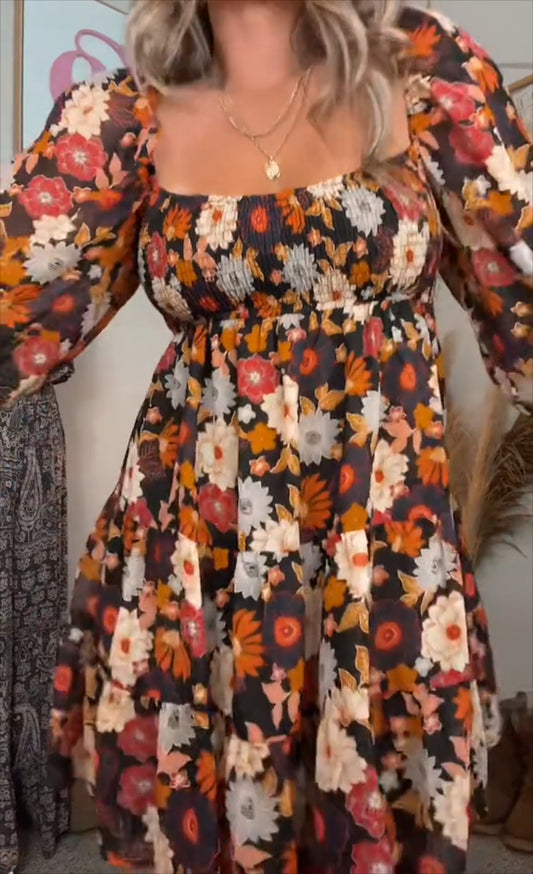 Multicolor Smocked High Waist Long Sleeve Floral Dress