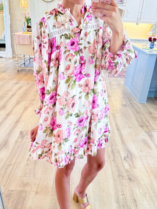 Ivory and Pink Floral 3/4 Sleeve Mini Dress