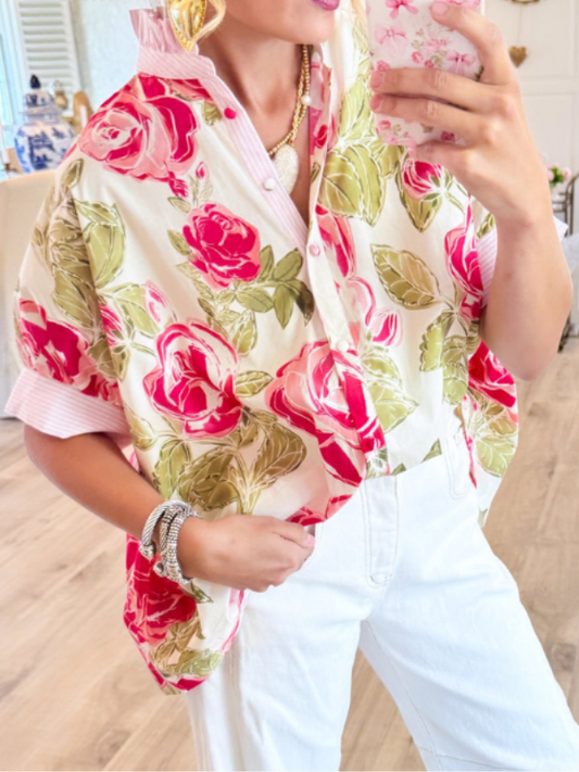 Pink Mix Floral Ruffle Contrast Top