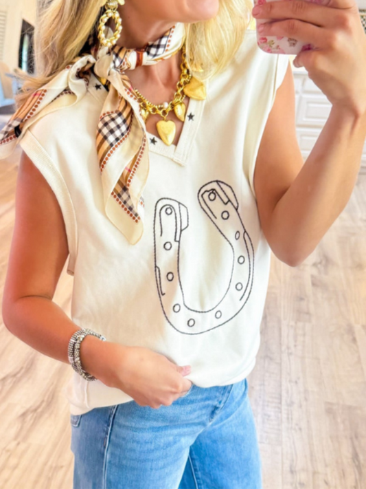Bone Embroidered Horseshoe Sleeveless Top