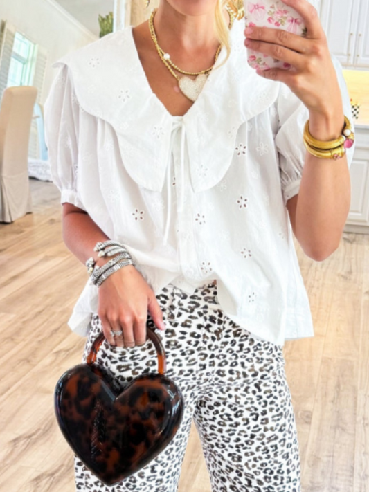 White Scallop Collar Eyelet Top