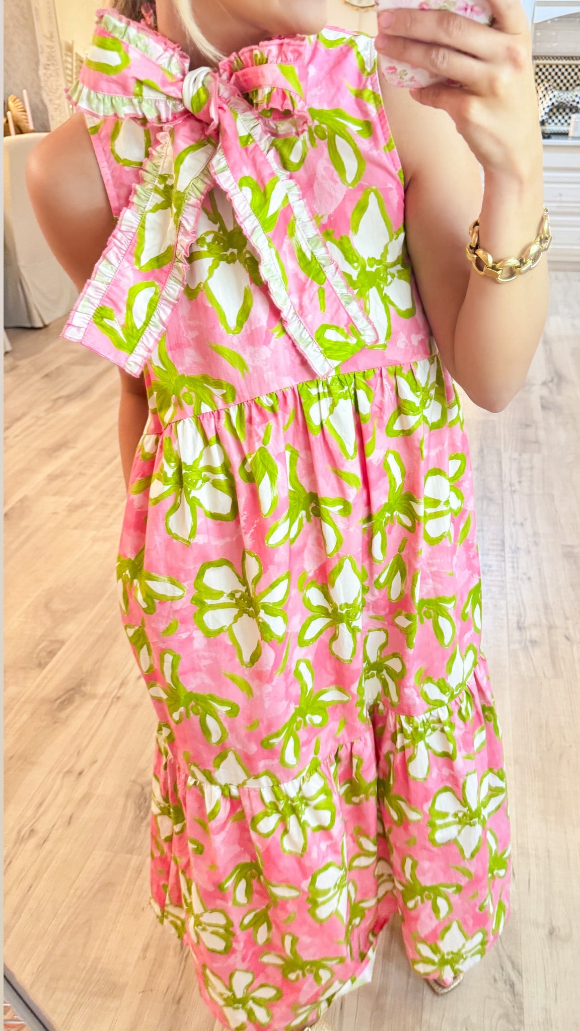 Pink Flower Print Midi Dress