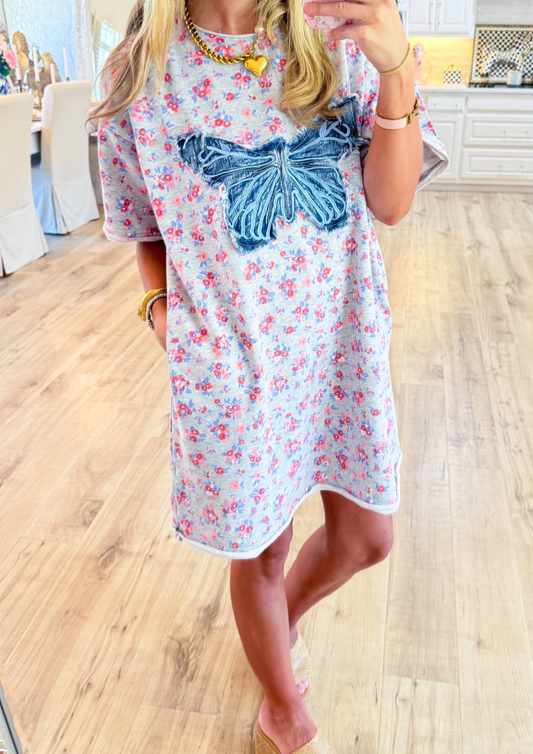 Heather Grey Floral Butterfly Patch Dress