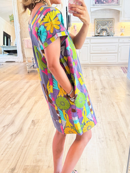 Sister Mary Grey Colorful Embroidered Mini Dress
