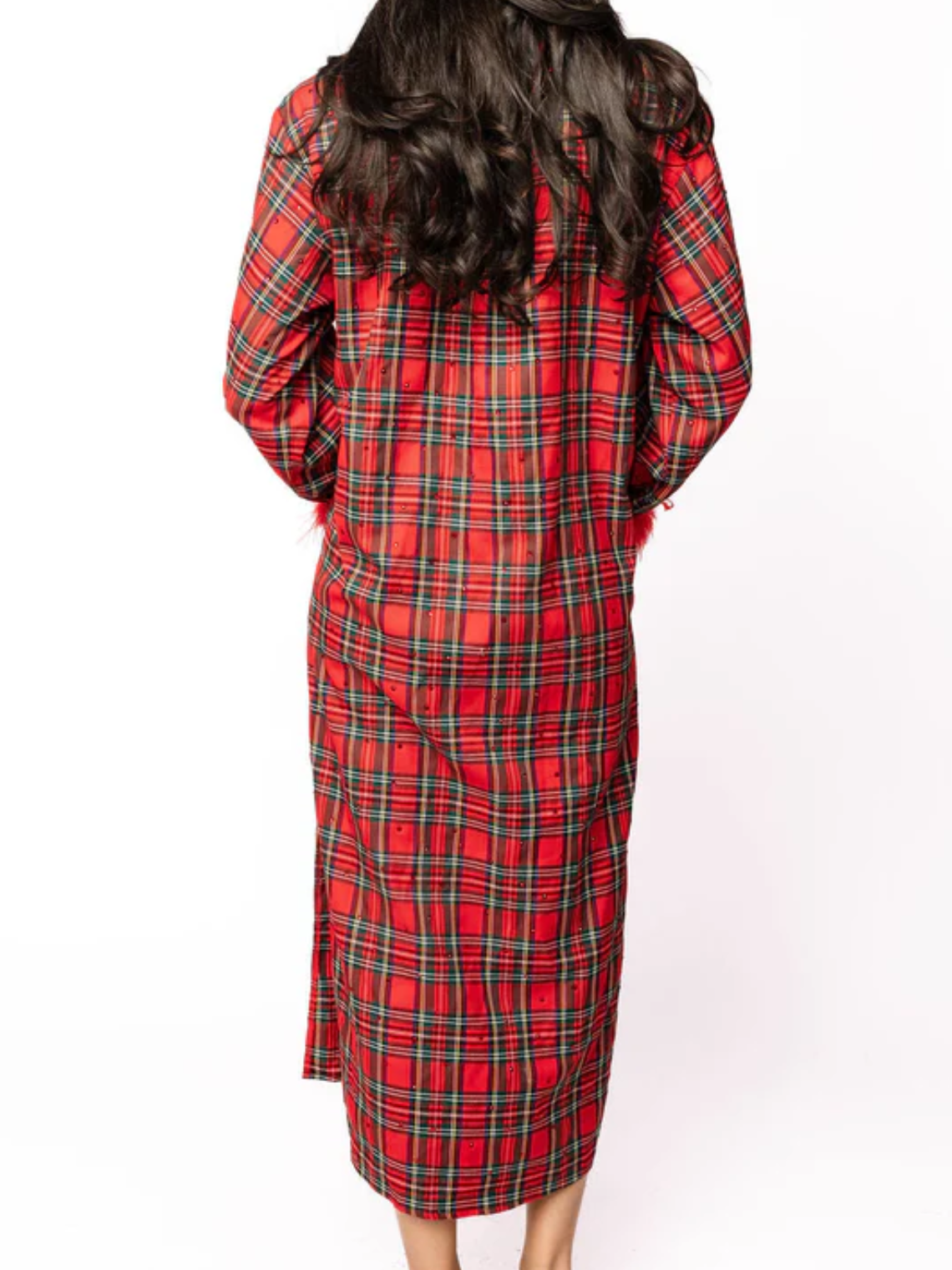 Red and green plaid feather sleeve button midi dress