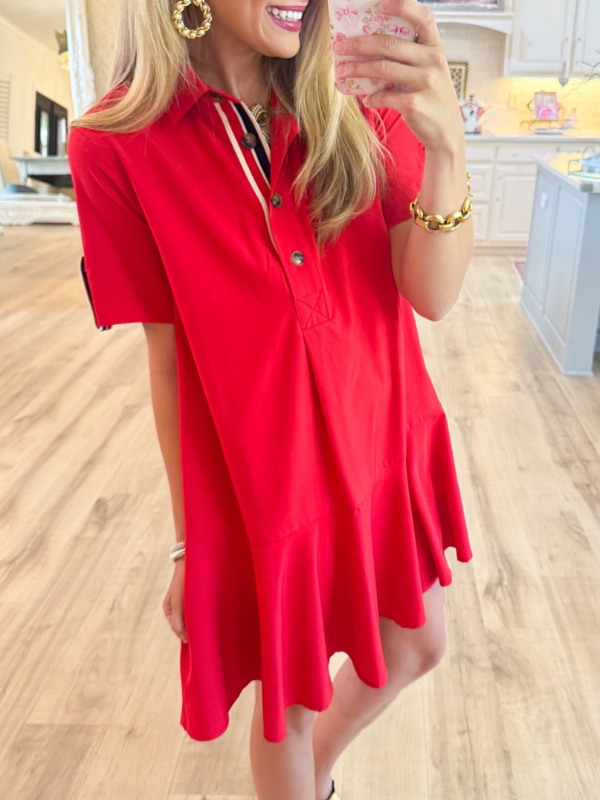Red Navy Accented Tab Pullover Mini Dress