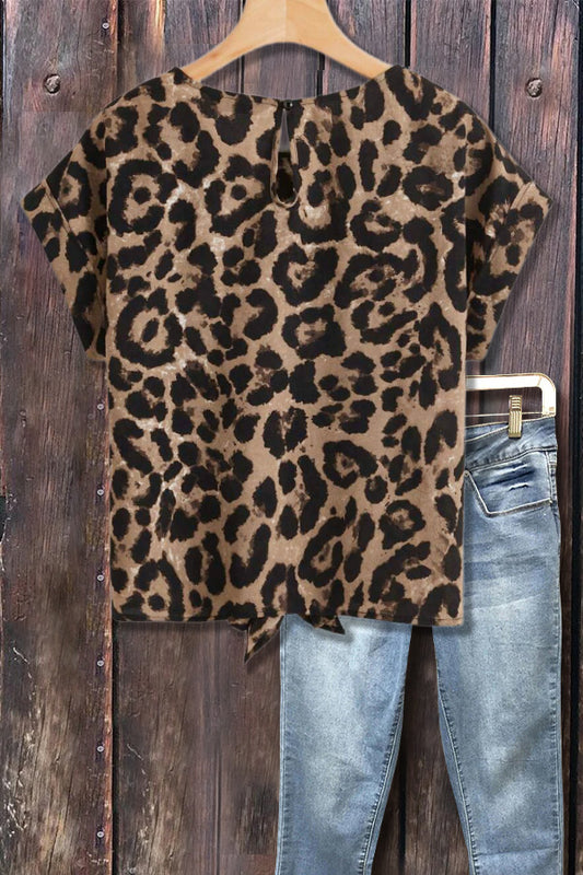 Leopard Print Knot Detail Short Sleeve Top