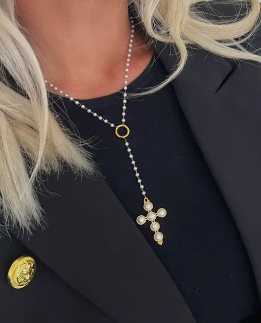 Pearl Cross Lariat Necklace