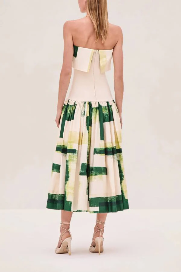 Printed Ribbed Elastic Waist Pocket Strapless Midi Dress