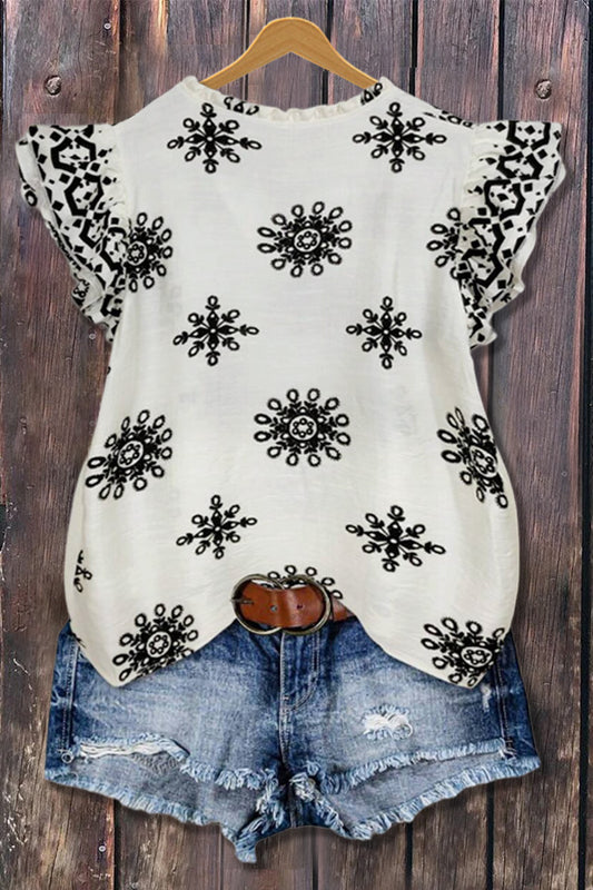 Chic Print V-Neck Ruffle Sleeve Top