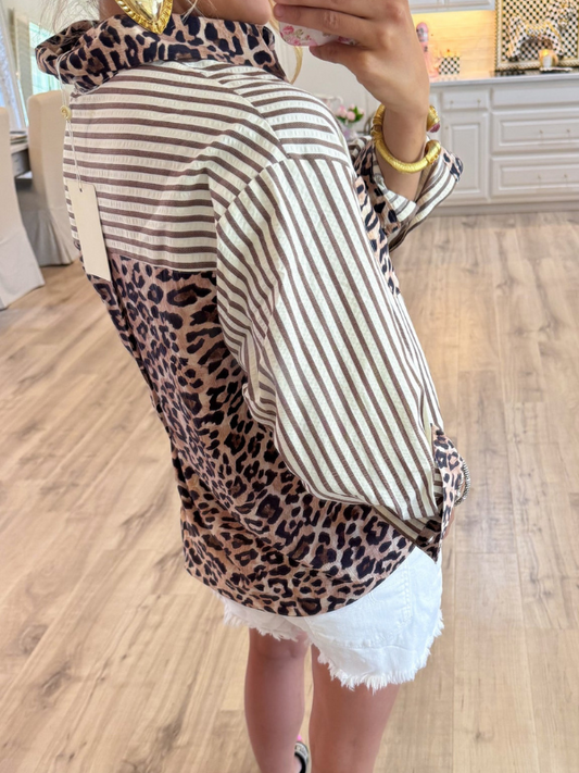 Brown Leopard Print Stripe Long Sleeve Top