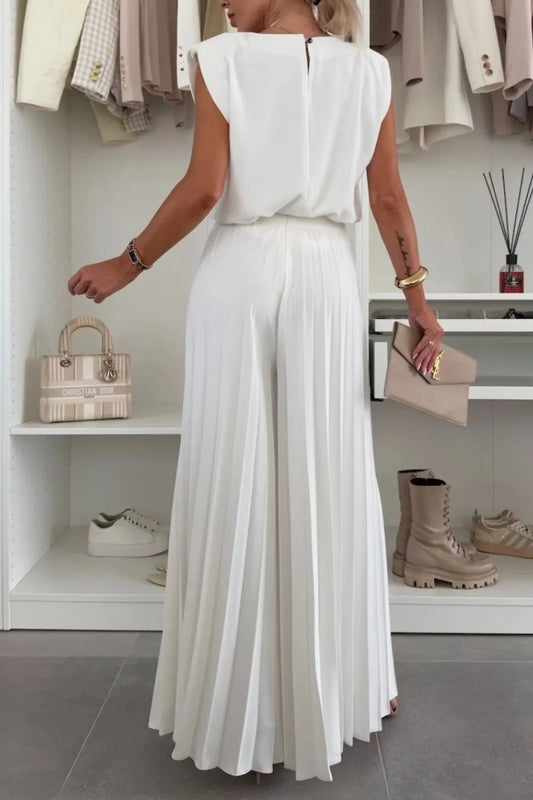Round Neck Top and Pleated Pants Set