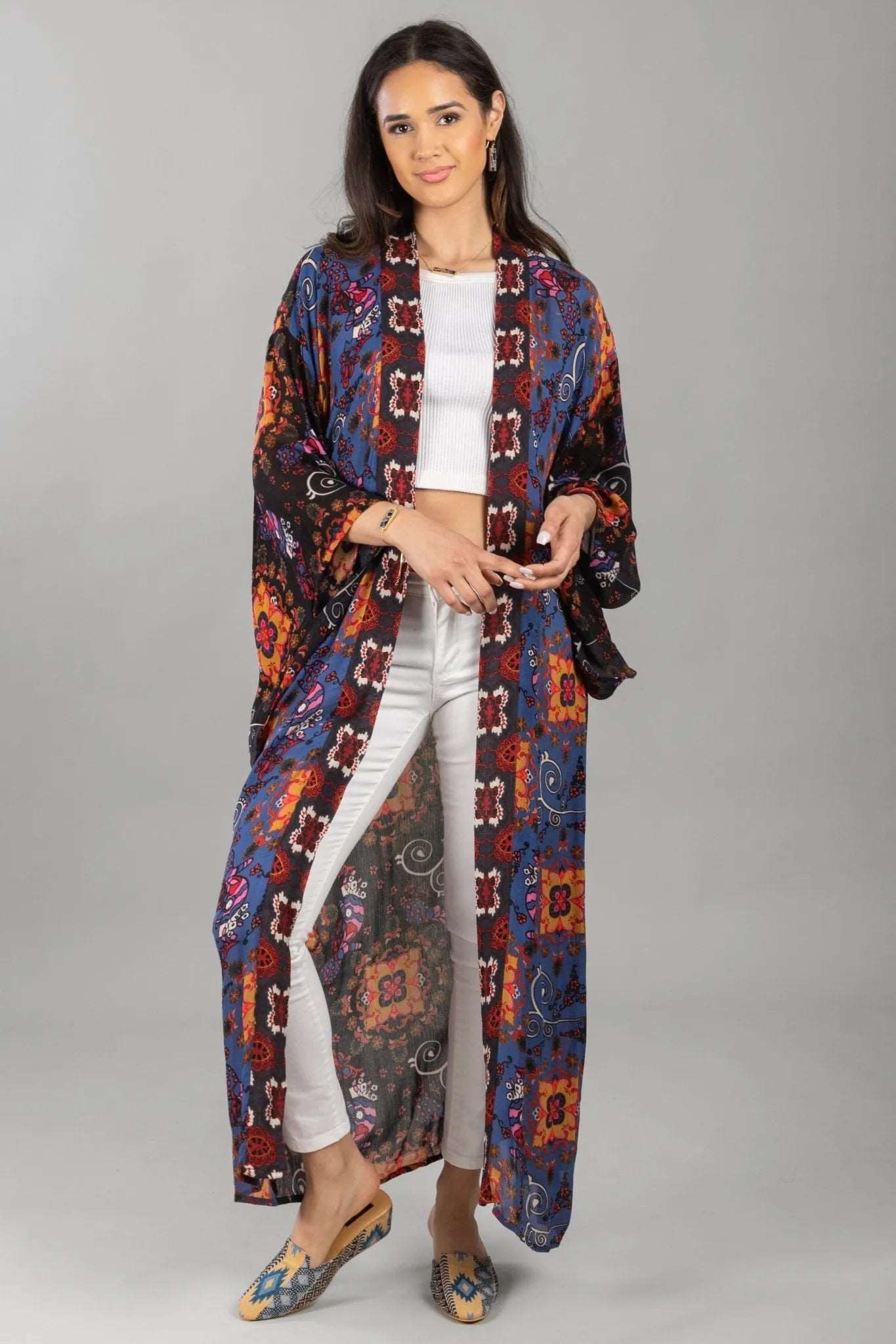 Silky Patterned Long Kimono