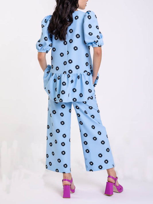 Classic Daisy Flower Top Wide Leg Pocket Pants Set