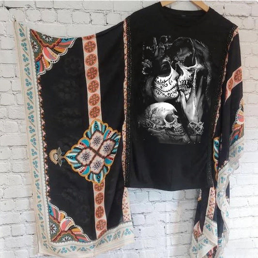 Skull print patchwork bat sleeve top