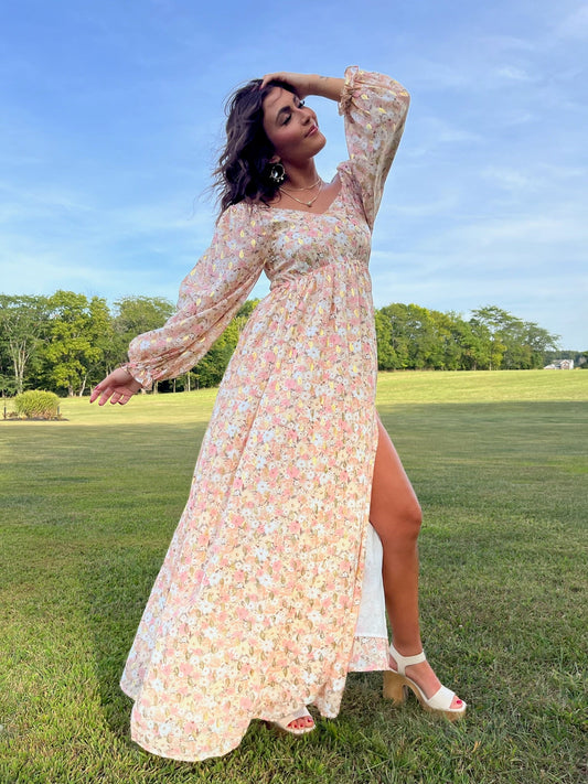 Timeless Romantic Chiffon Maxi Dress, Pink Floral