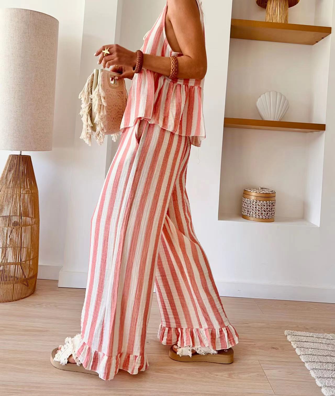 Tie Striped Vest Top Casual Pants Set