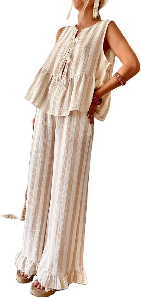 Tie Striped Vest Top Casual Pants Set