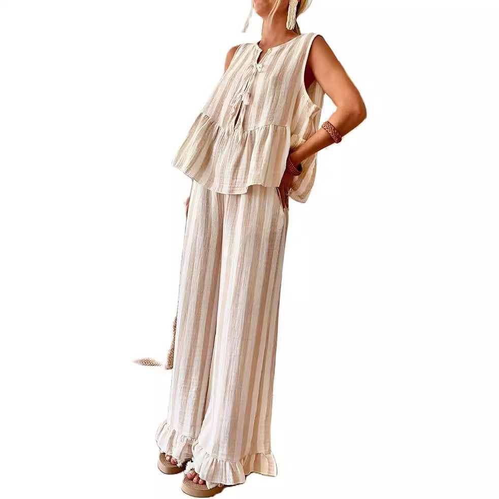 Tie Striped Vest Top Casual Pants Set