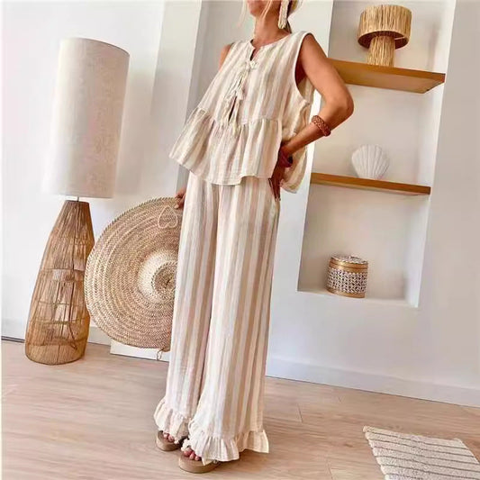 Tie Striped Vest Top Casual Pants Set