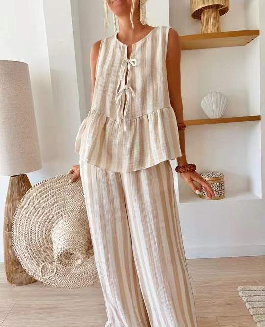Tie Striped Vest Top Casual Pants Set